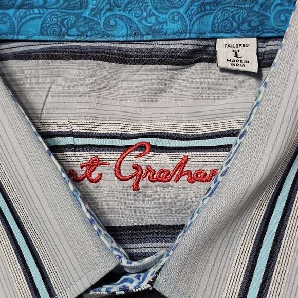 Robert Graham Shirt Mens Large Gray Blue Stripes Long Sleeve Button Up Flip Cuff - Picture 5 of 9